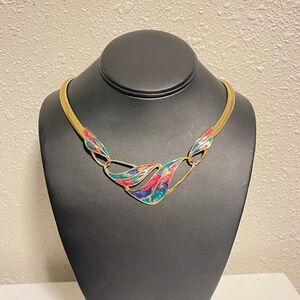 Vintage 80s Necklace Enamel & Gold-Tone Collar Abstract Statement Choker